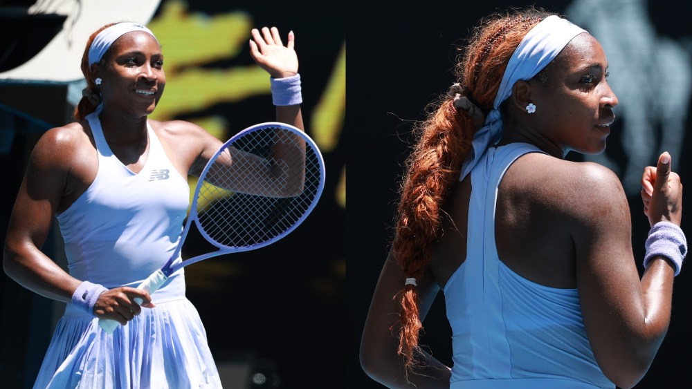 Coco Gauff wears a New Balance custom tennis kit on court for the Women's Singles First Round against Kamilla Rakhimova of Uzbekistan during day two of the 2026 Australian Open at Melbourne Park on Jan. 19 in Melbourne, Australia.