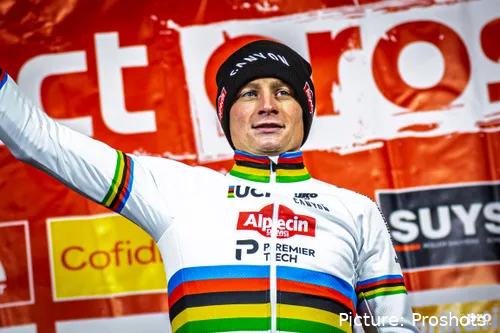Mathieu van der Poel on the podium after winning the 2026 Exact Cross Mol