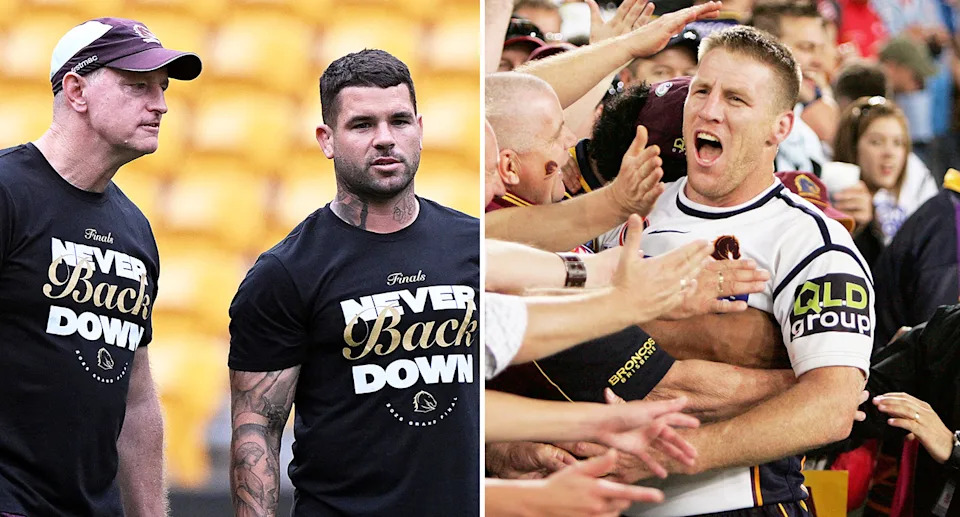 Broncos legend Brad Thorn (R) has shone a light on the intense training sessions he had in Brisbane after rejecting criticism of coach Michael Maguire's (far L) methods. Pic: Getty