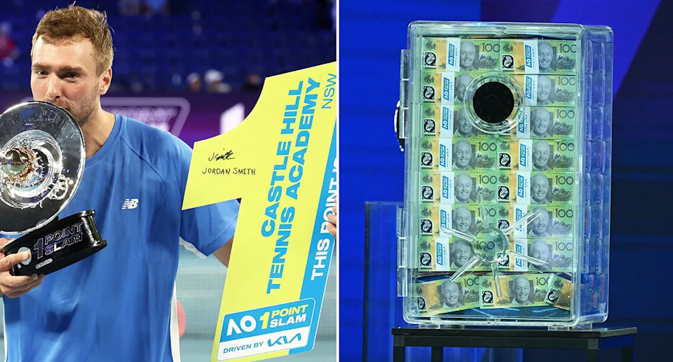 Jordan Smith with his trophy and cash after winning the Australian Open's one-point slam.