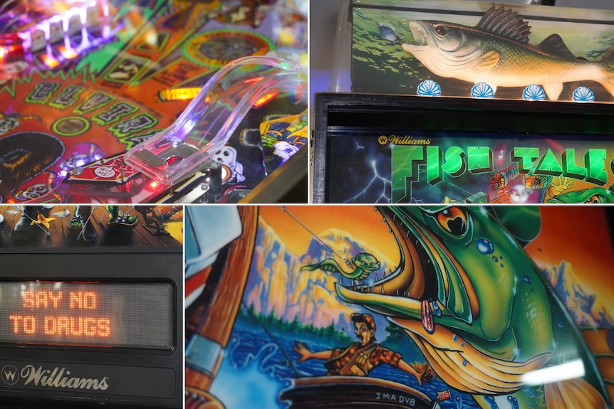 Various elements of a  pinball machine. 