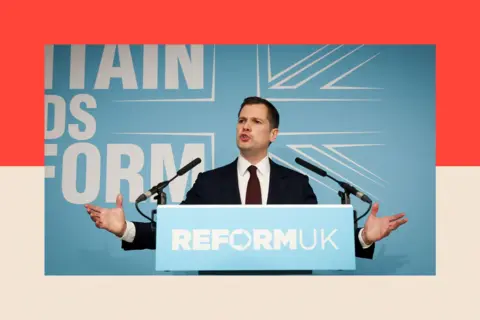 EPA/Shutterstock Britain's former shadow justice secretary Robert Jenrick speaks after defecting to Reform UK during a press conference