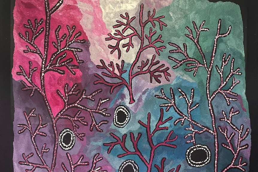 Painting of purple blues and pinks with trees and rockholes