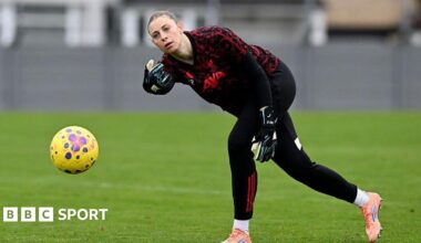 Rafaela Borggrafe rolls a yellow football while wearing black and red goalkeeper kit
