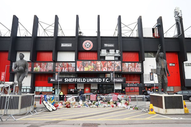 Tributes to Maddy Cusack of Sheffield United are seen outside the stadium in October, 2023.