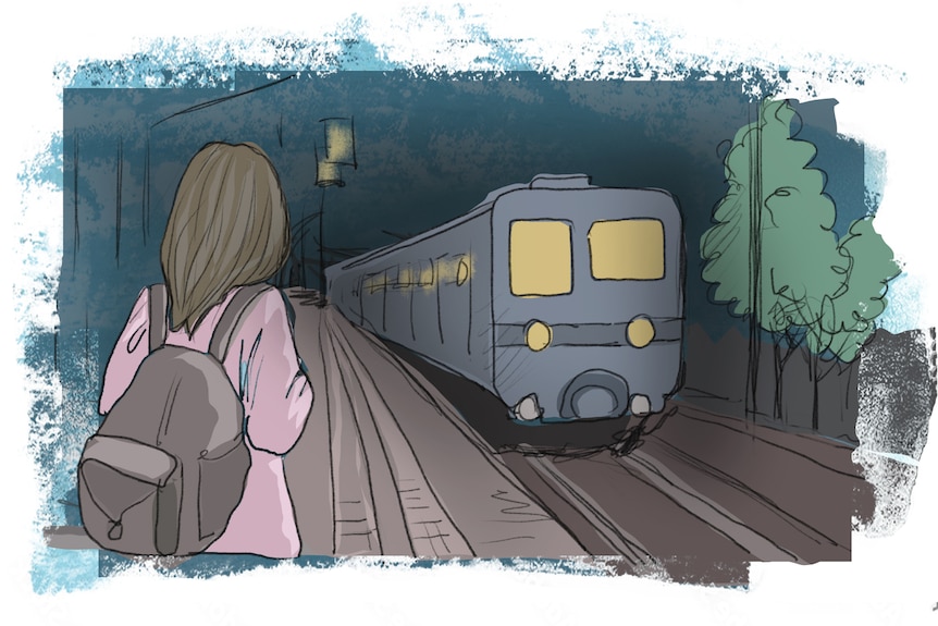A drawing of a young girl waiting at a train station at night.