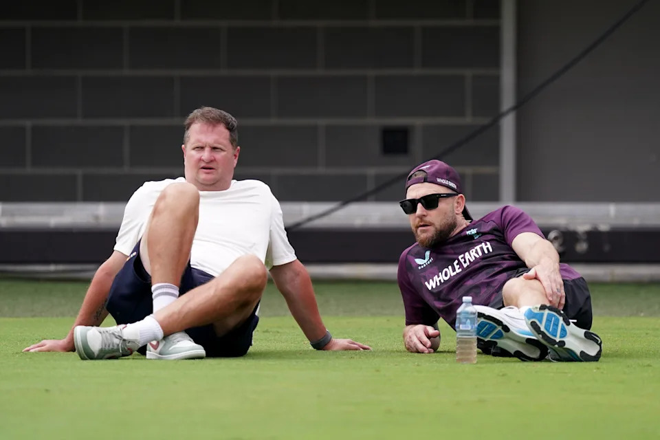England managing director of cricket Rob Key and England head coach Brendan McCullum sit and talk.