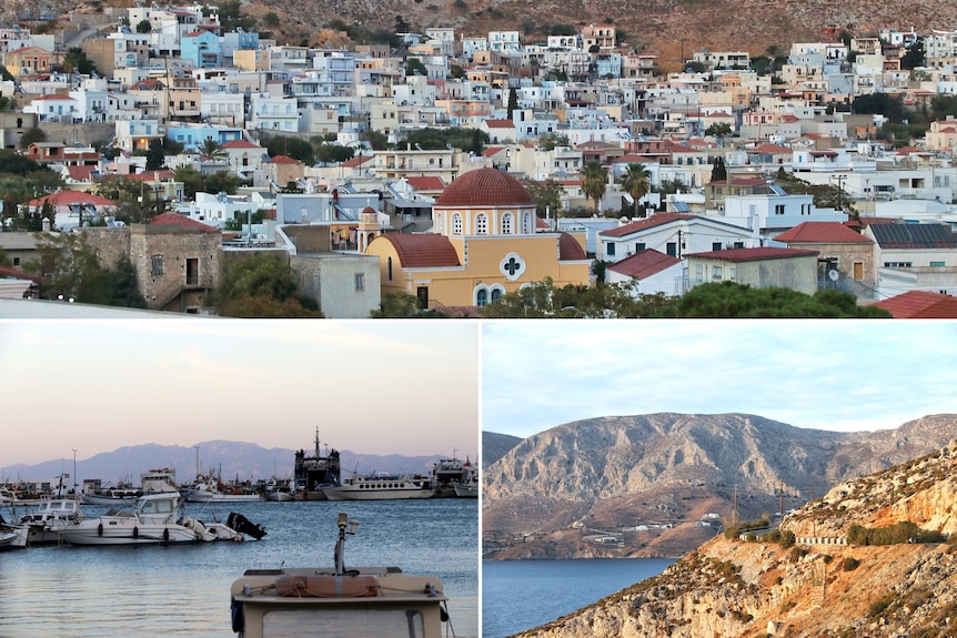 A three-image collage. Top image is a city built on a cliff, bottom left is a dock at dusk, bottom right is a large mountain
