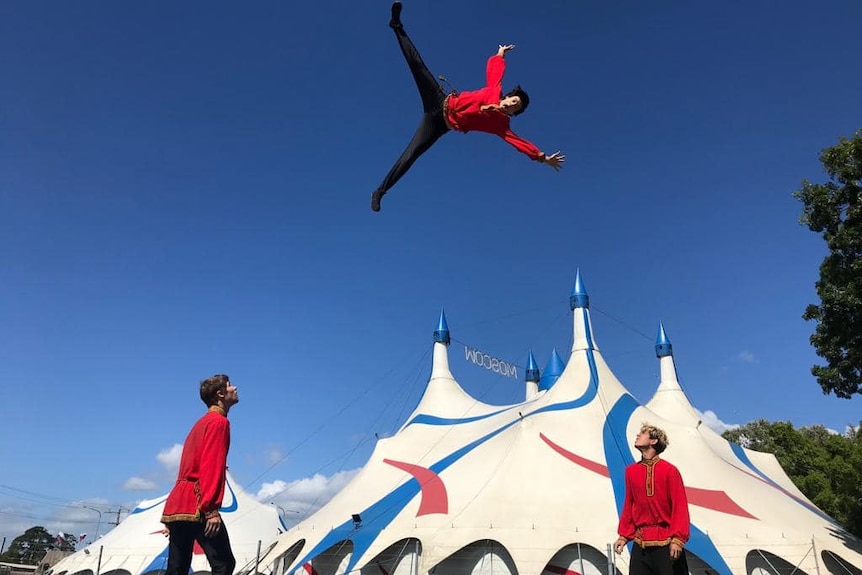 A performer in the air with circus tents below