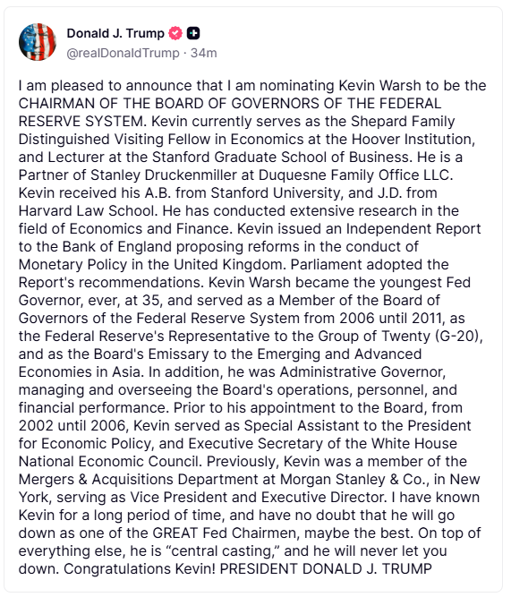 A screenshot of Donald Trump's Truth Social announcement.