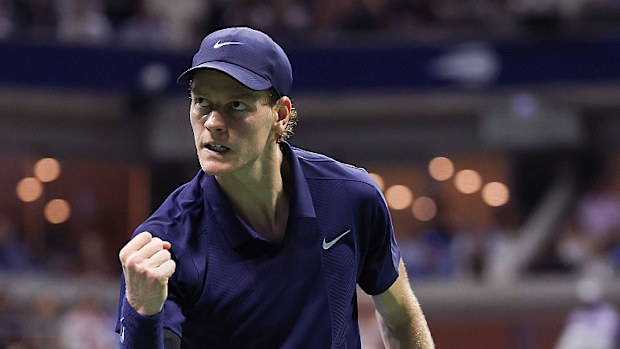 Jannik Sinner of Italy celebrates a point against Felix Auger-Aliassime of Canada.