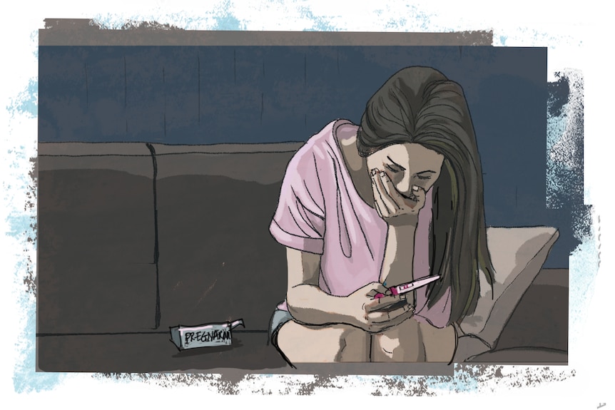 A drawing of a young girl looking at a positive pregnancy test, covering her mouth.