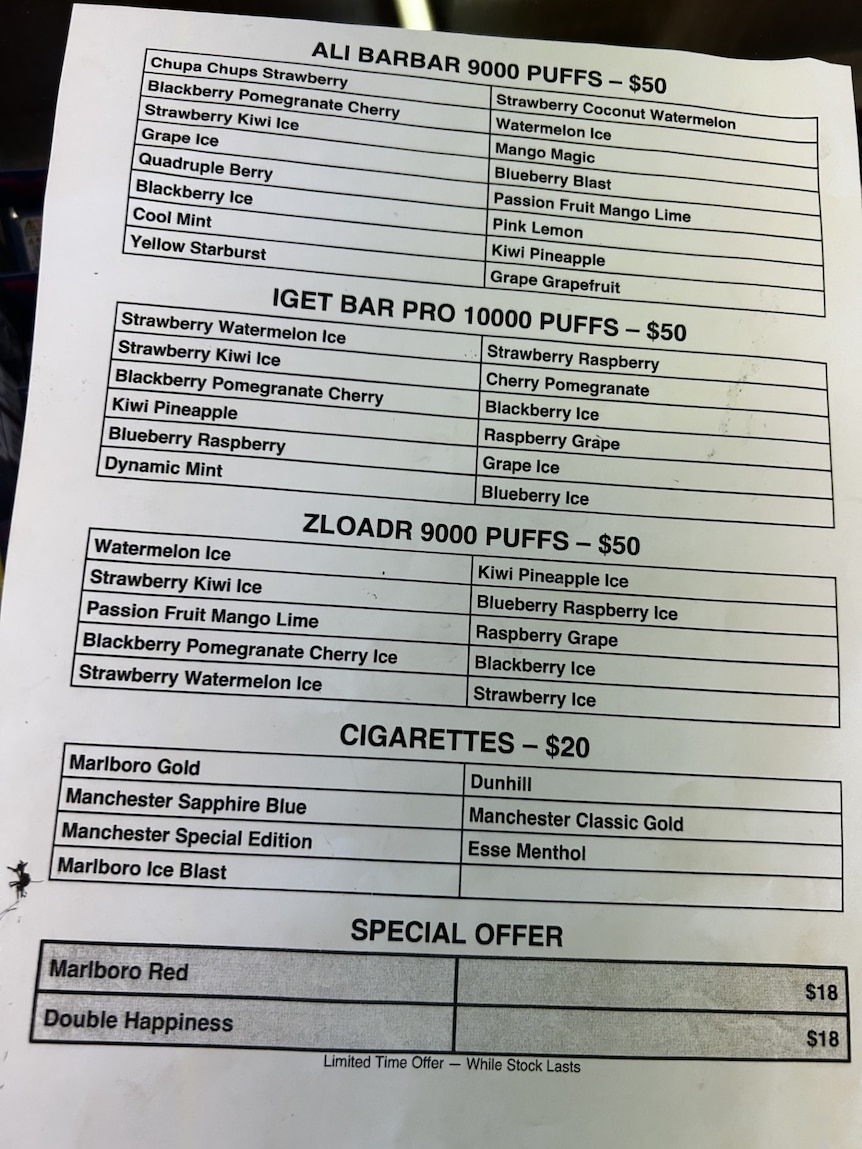 A list of "puffs" and cigarettes next to prices on a piece of paper.