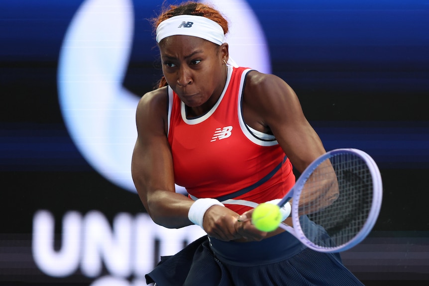 Coco Gauff plays a double-fisted backhand at the United Cup.