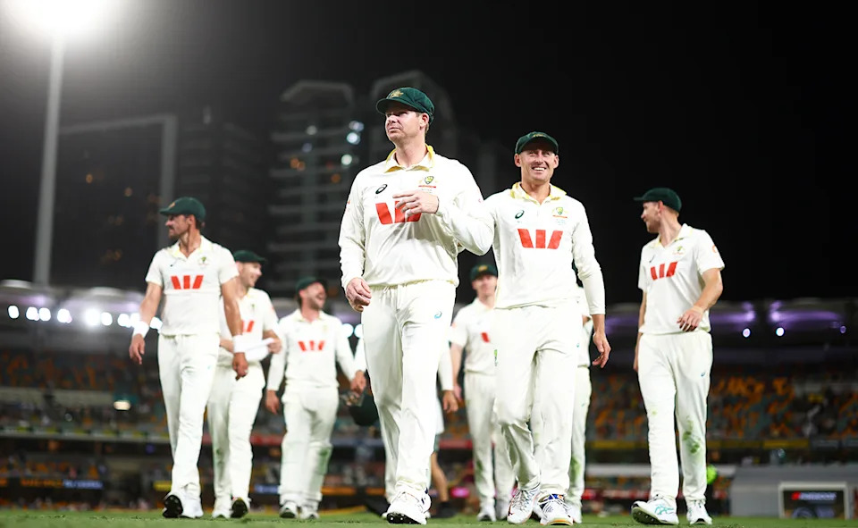 Steve Smith, pictured here with Aussie teammates during the day-night Ashes Test at the Gabba. 