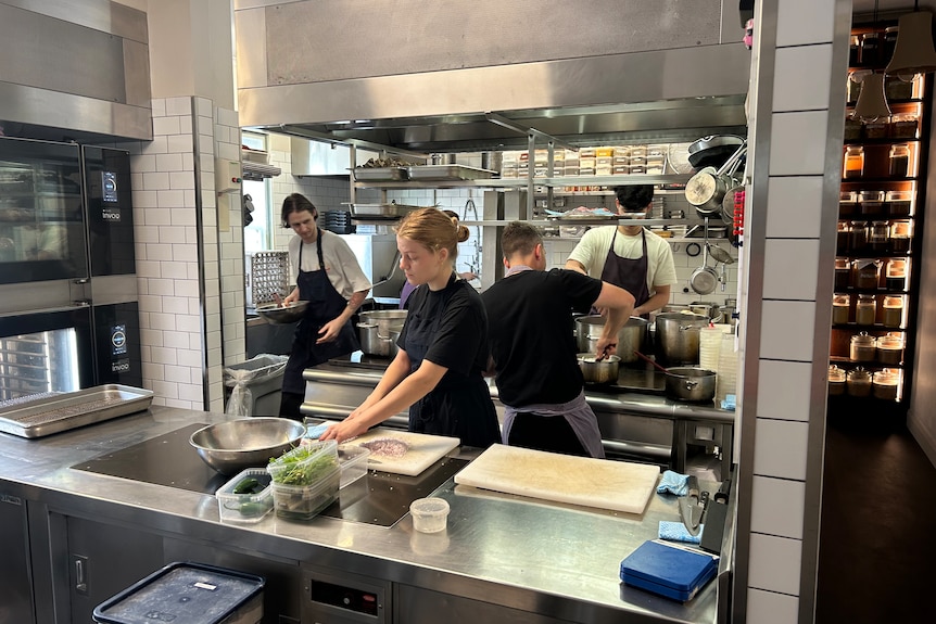 Chefs prepare food in a kitchen with stainless steel benches.