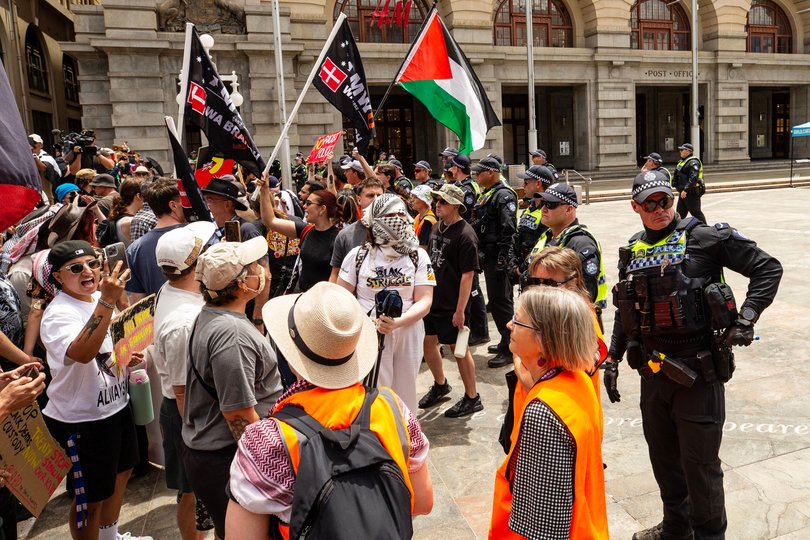 Dozens of protestors antagonised police and resisted calls to move on. 