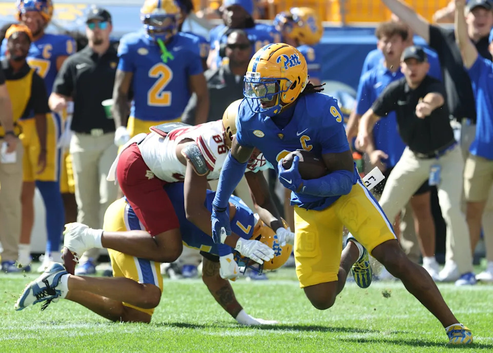 Oct 4, 2025; Pittsburgh, Pennsylvania, USA; Pittsburgh Panthers linebacker Kyle Louis (9) runs after fumble recovery against the Boston College Eagles during the second quarter at Acrisure Stadium. Mandatory Credit: Charles LeClaire-Imagn Images