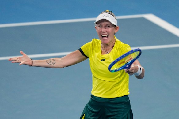 Storm Hunter celebrates her victory for team Australia.