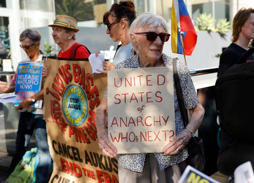 A group of protesters gather outside the US Consulate on St Georges Terrace in the city. Picture: Sandra Jackson