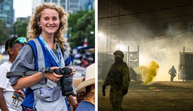 Sydney Morning Herald photography trainee Audrey Richardson runs towards rubber bullets and tear gas