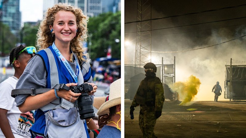 Sydney Morning Herald photography trainee Audrey Richardson runs towards rubber bullets and tear gas