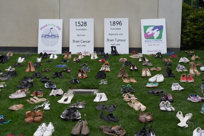 Shoes of brain cancer victims on display at Parliament House.