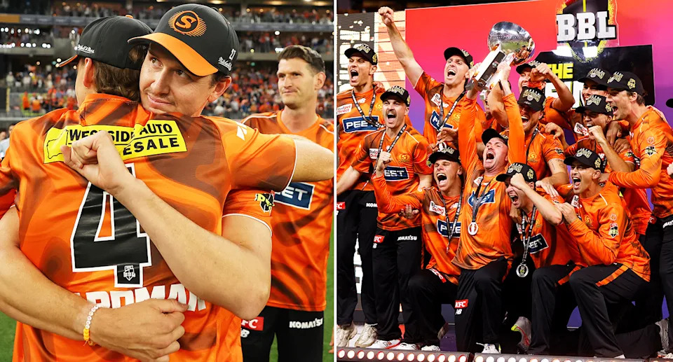 Joel Paris alongside teammates after the Perth Scorchers won the BBL title.