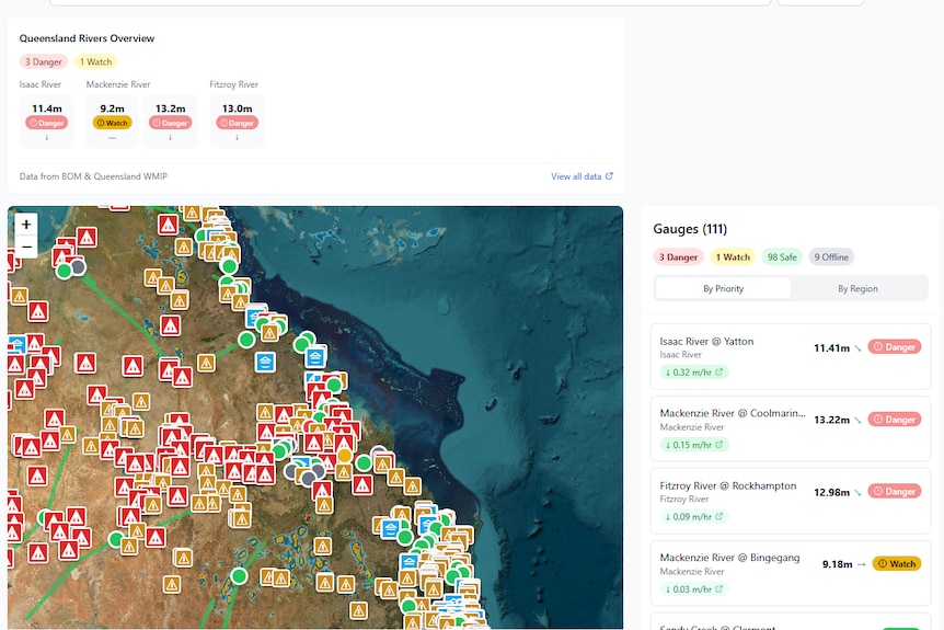 A website with a map of queensland and warnings on the left, and a list of river heights on the right.
