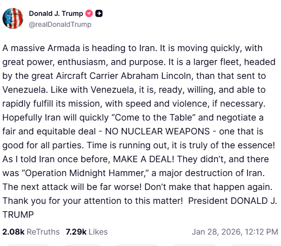 A screenshot of Donald Trump's Truth Social post threatening to Iran unless a deal is made.