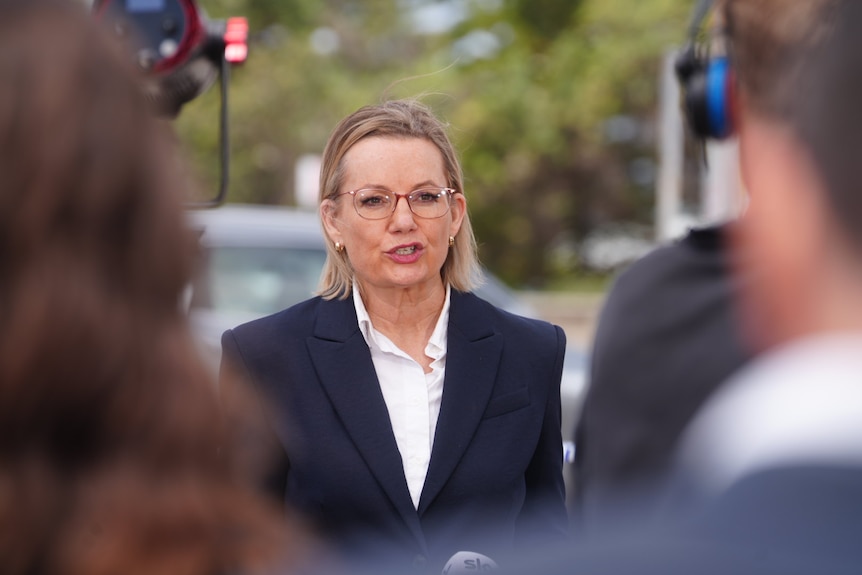 Opposition leader Sussan Ley standing up a a press conference at the scene of the Bondi attack