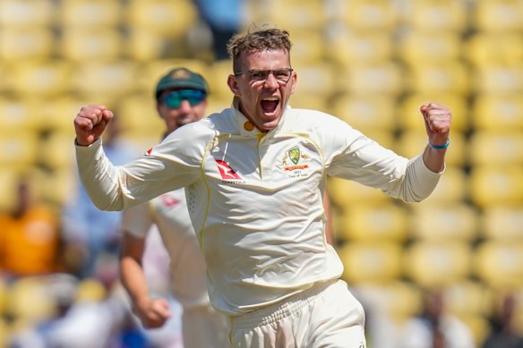 Murphy celebrates a wicket during his maiden Test tour of India in 2023.