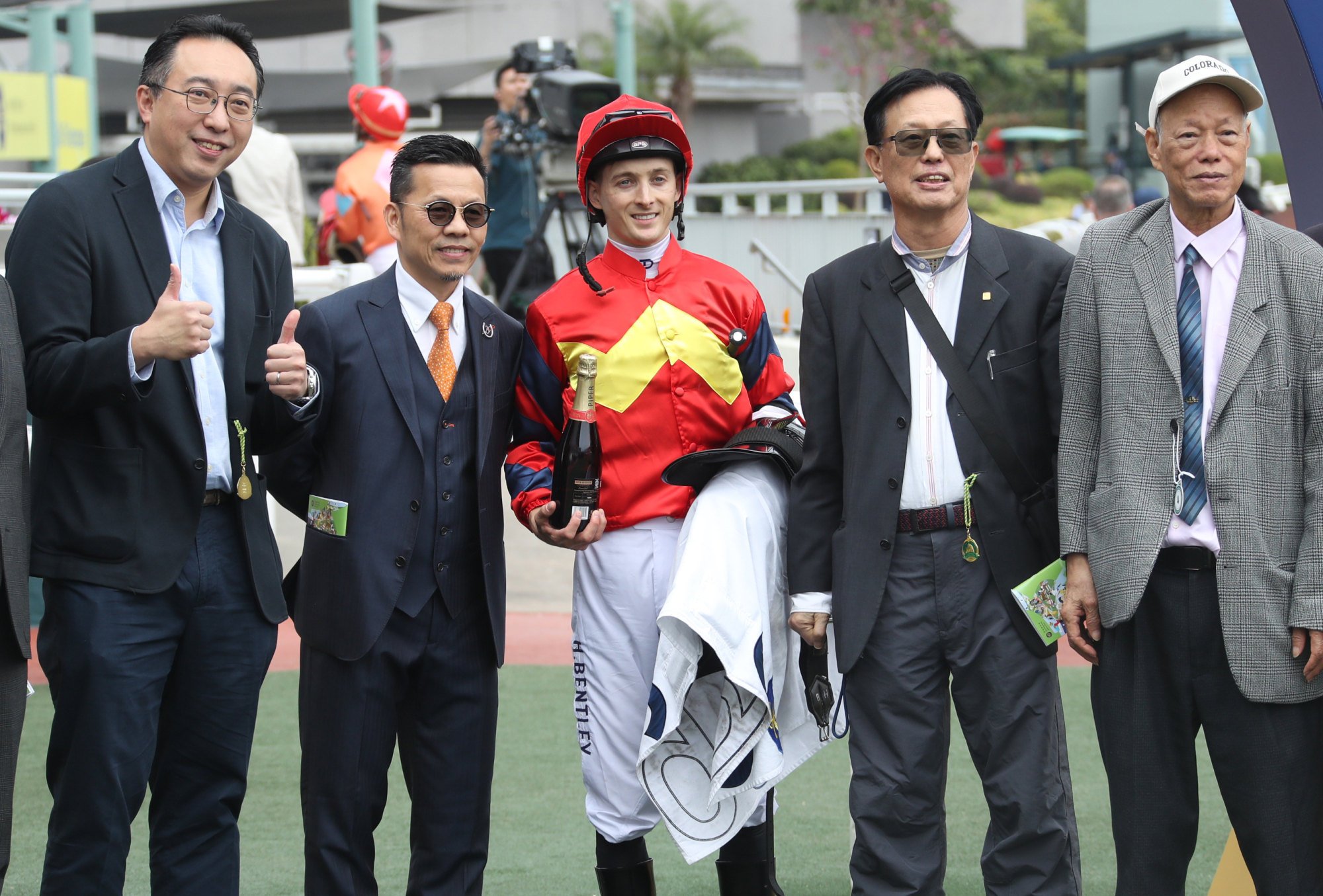 Trainer Frankie Lor (second from left), jockey Harry Bentley and connections of Smart Golf celebrate.