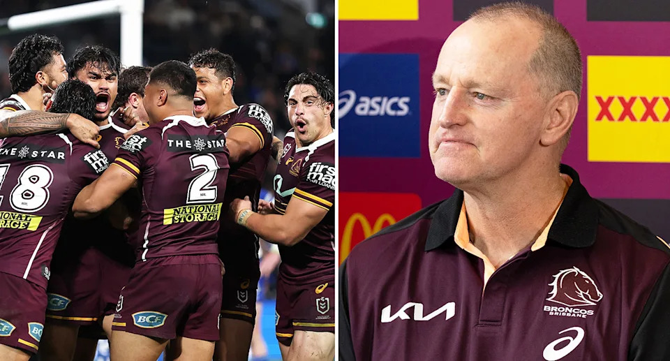 Brisbane Broncos coach Michael Maguire (R) may not be without Brendan Piakura (third from L) for eight weeks after the forward contradicted an injury statement from the club. Pic: Getty/AAP