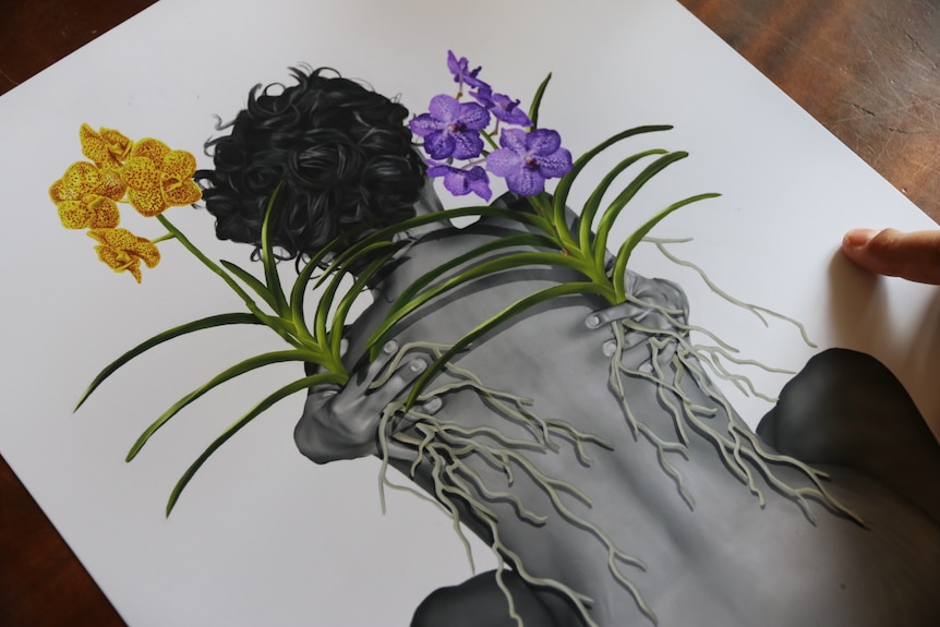 A close-up of a self-portrait drawing.