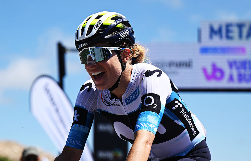 ESPINOSA DE LOS MONTEROS PICON BLANCO SPAIN MAY 24 Marlen Reusser of Switzerland and Movistar Team celebrates at finish line as stage winner during the 10th Vuelta a Burgos Feminas 2025 Stage 3 a 95km stage from Valle de Valdebezana Soncillo to Espinosa de los Monteros Picon Blanco 1506m UCIWWT on May 24 2025 in Espinosa de los Monteros Picon Blanco Spain Photo by Szymon GruchalskiGetty Images