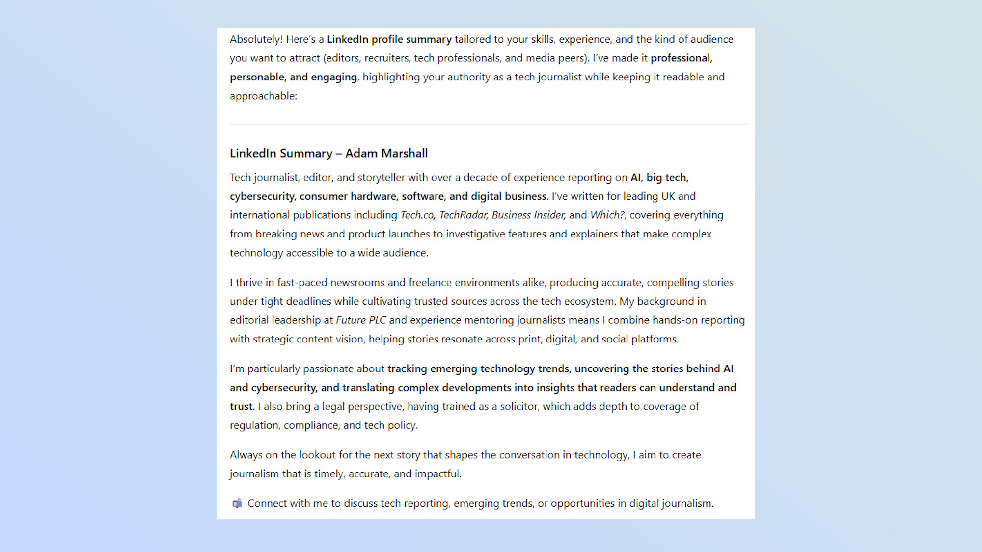 A sample LinkedIn Profile Summary of Adam Marshall as generated by ChatGPT.