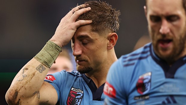 Zac Lomax and Isaah Yeo look dejected after the Blues were defeated 26-24. 