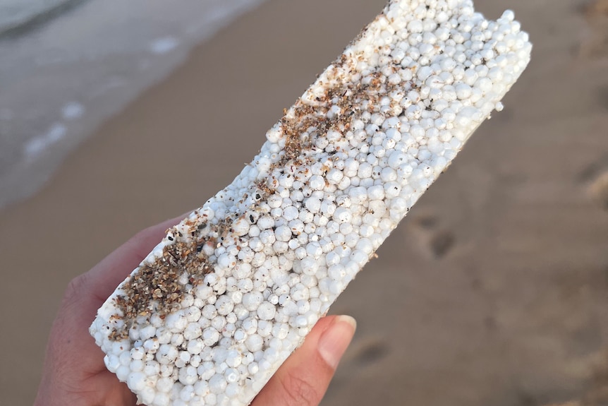 a bar of tiny plastic balls held in a hand on a beach