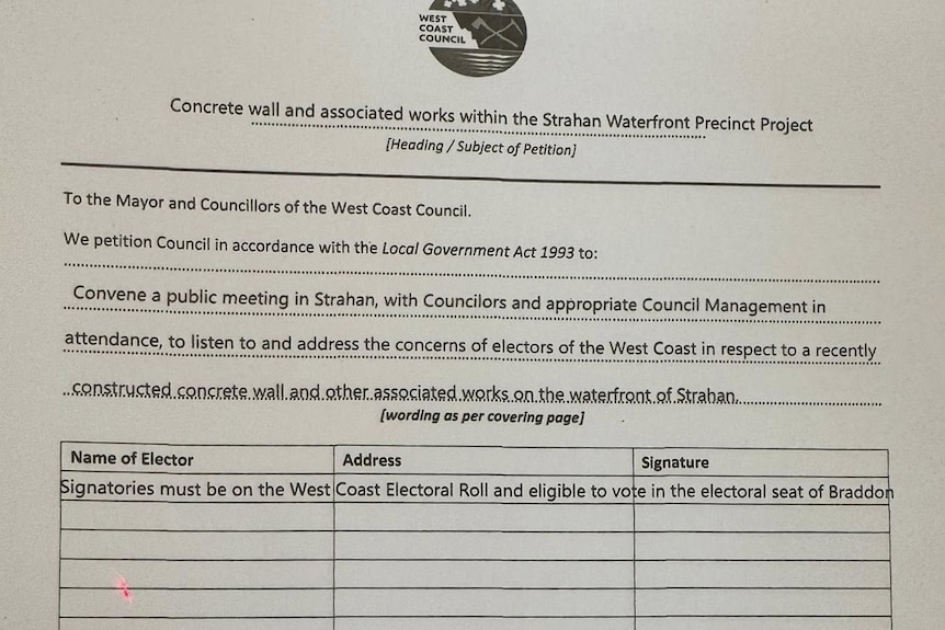 A printed petition calling on locals to sign.