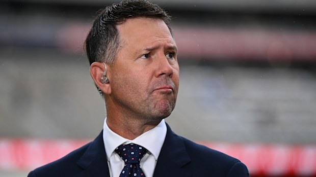 Former cricketer and television commentator Ricky Ponting during day two of the First 2025/26 Ashes Series Test Match between Australia and England at Perth Stadium on November 22, 2025 in Perth, Australia. (Photo by Gareth Copley/Getty Images)