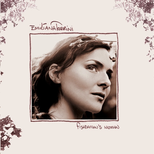 black & white photo of nordic woman, framed by floral print and handwritten text: Emiliana Torrini Fisherman's Woman