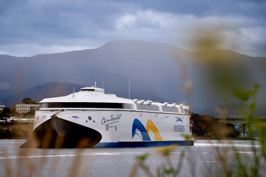 A white ship pictured on the river in Hobart, Tasmania, with mountains in the background.