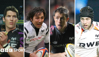 Ospreys greats James Hook, Gavin Henson, Shane Williams and Ryan Jones