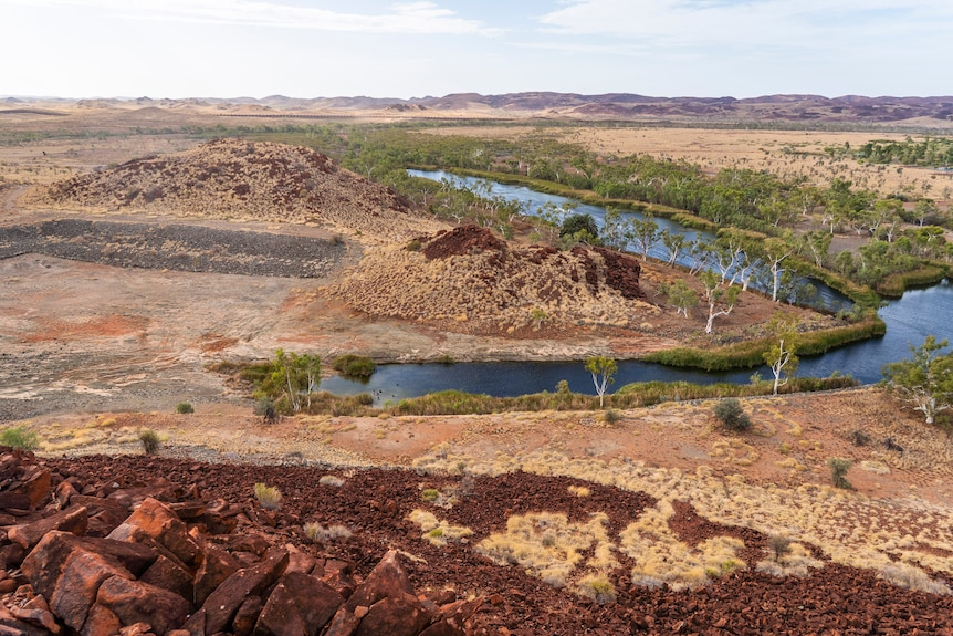 A dark blue rivermouth surrounded by red outcrop and green trees on the bank.