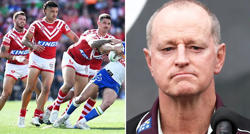 Aublix Tawha alongside Broncos coach Michael Maguire.