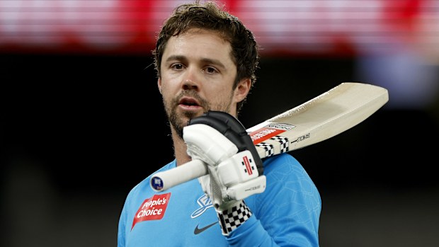 Travis Head of the Strikers warms up ahead of the Men's Big Bash League match between the Melbourne Renegades and the Adelaide Strikers at Marvel Stadium, on January 24, 2023, in Melbourne, Australia. (Photo by Jonathan Di Maggio - CA/Cricket Australia via Getty Images)
