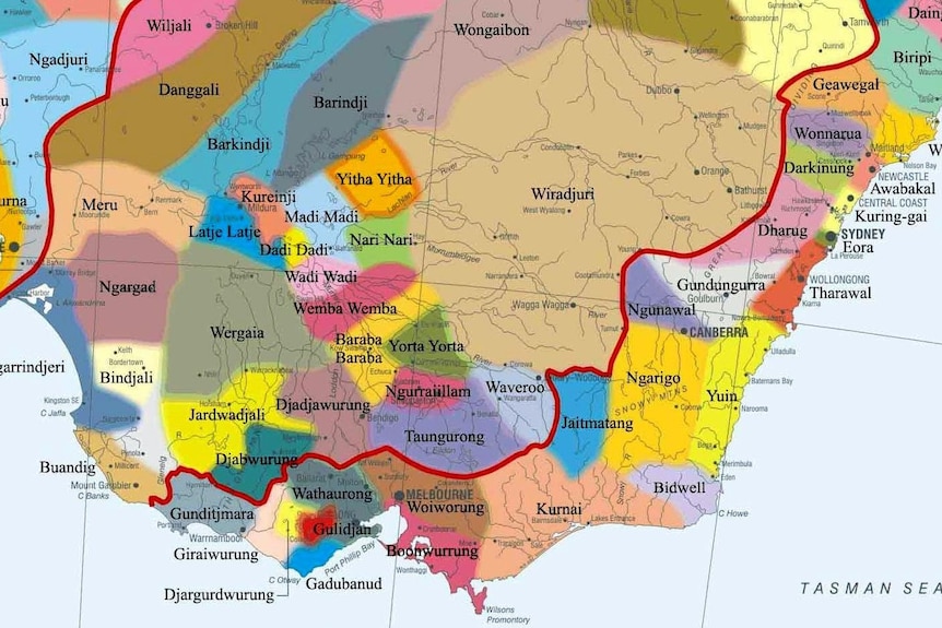A cropped map of Aboriginal nations, focusing on a large area labelled Wiradjuri, west of Sydney
