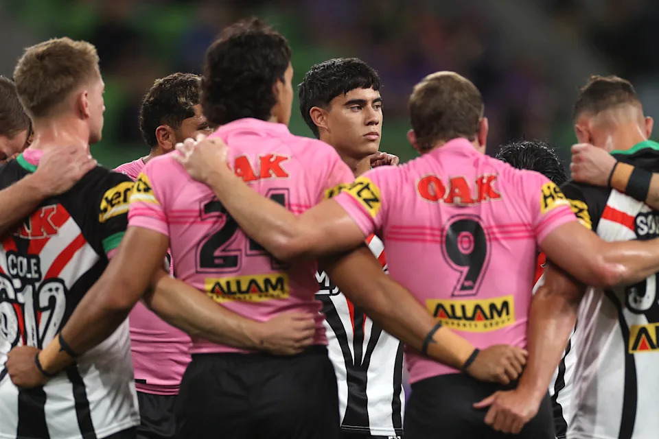 Blaize Talagi is seen during warm up ahead of a game.