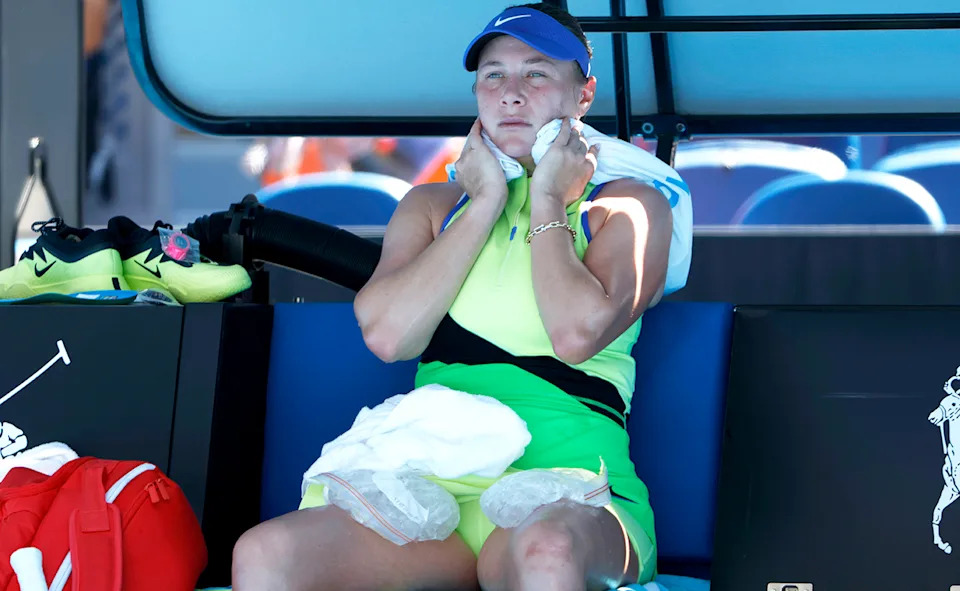 Amanda Anisimova, pictured here battling the heat at the Australian Open.
